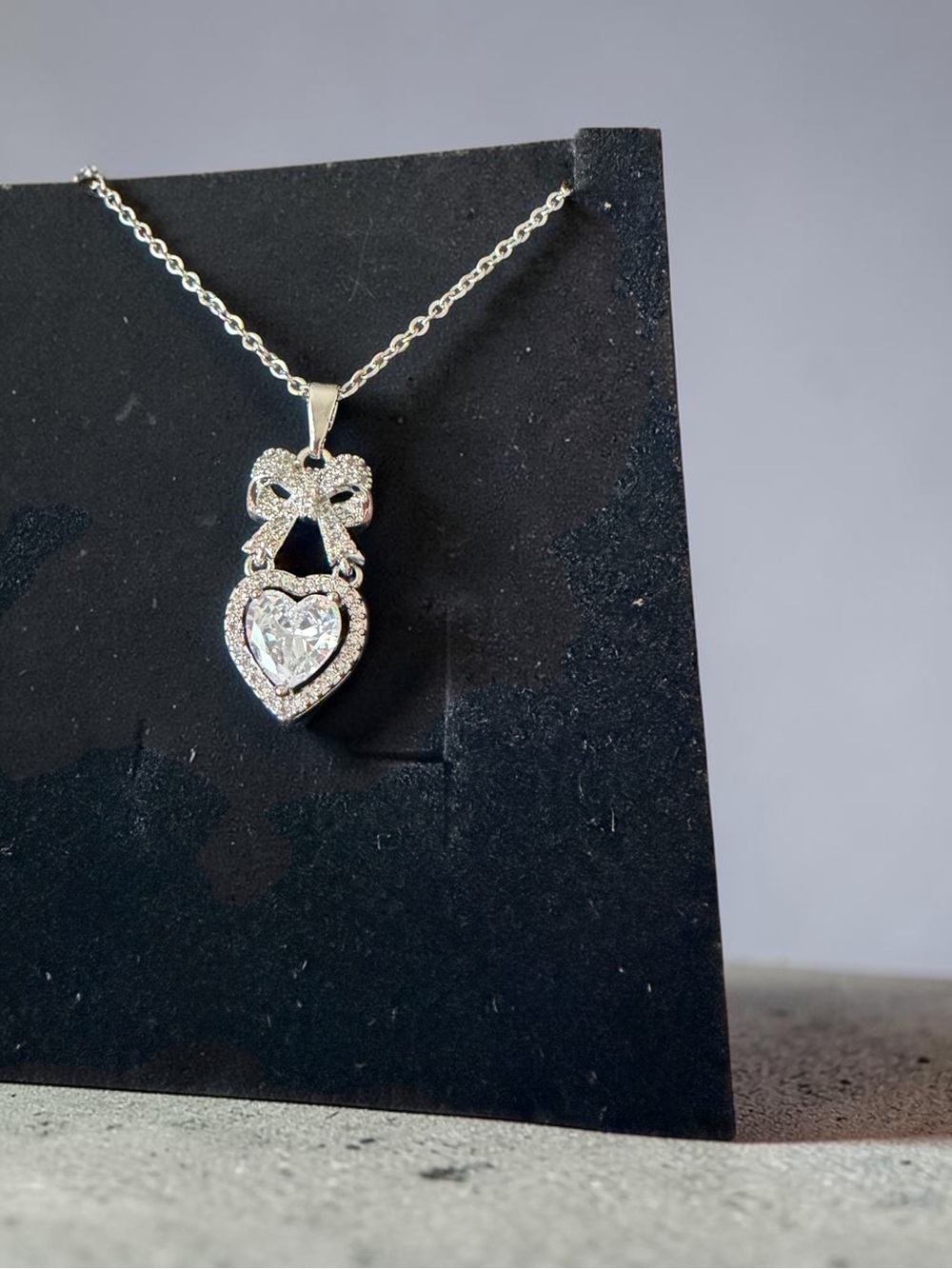 Silver Heart & Bow Pendant Necklace with Clear Crystal